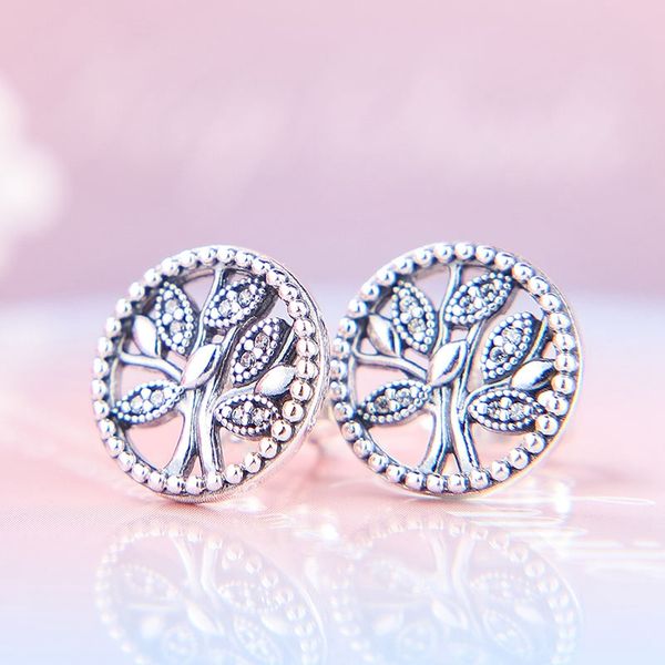 

vintage round life tree earrings for pandora 925 sterling silver classic temperament with original box ladies earrings holiday gift, Golden;silver