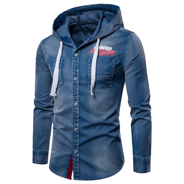 

mens denim shirts long sleeve hooded jean jackets light and dark printed fashon shirts m to 3xl, Black;brown