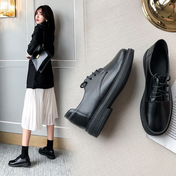 

platform shoes woman small leather flats harajuku lace-up loafers street girl stiching oxford derby creepers women big toe shoes, Black