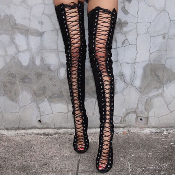 

faux suede slim boots over the knee high women fashion thigh high boots gladiator shoes woman lace up peep toe shoes, Black