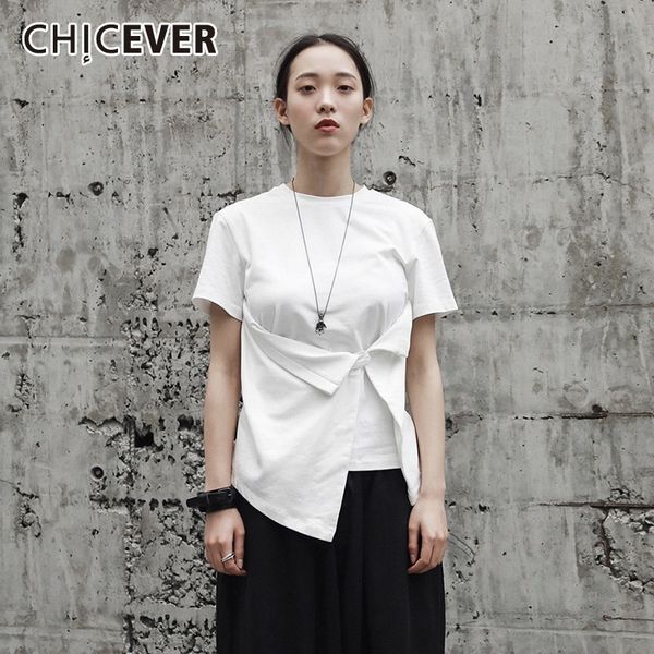 

chicever summer casual solid white draped irregular t-shirt for women o neck short sleeve slim female clothing 2019 fashion