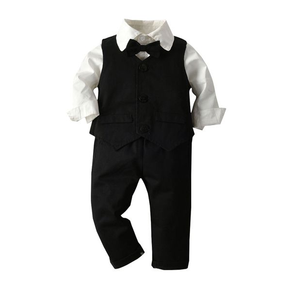 

summer kids boys bow clothes sets toddler gentleman bow tie t-shirt plaid solid waistcoat+pants outfit clothing children 2019, White