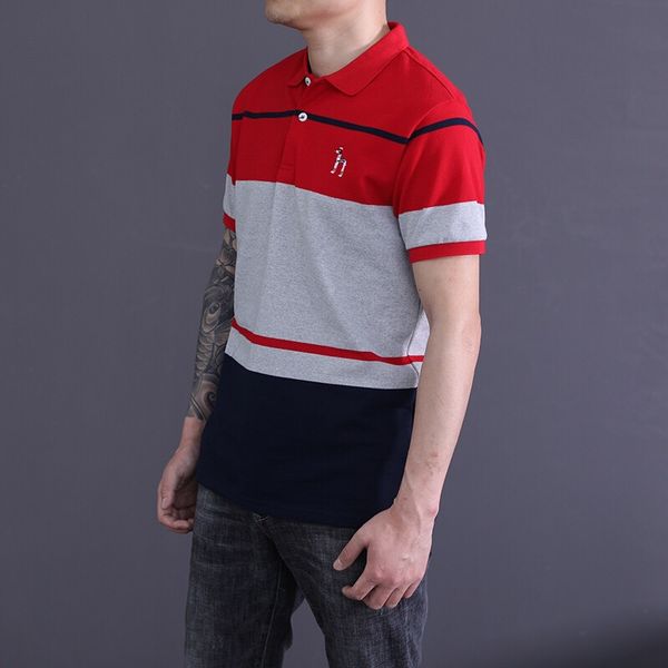 

HZ Striped Embroidery Mens Polos Summer Slim Lapel Neck Mens Tops Teenagers Casual Contrast Color Tees