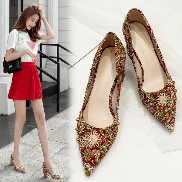 

slimming shoes 2020 gold lace up heels pumps chunky sandals pointed wedge for women slip om all-match latest, Black