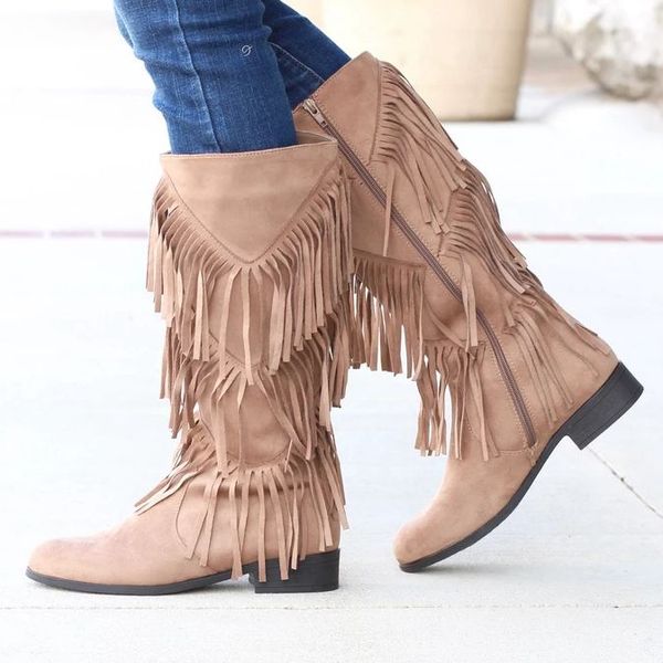 

monerffi winter boots boho fashion flock leather women shoes fringe flat heels long boots woman tassel knee high 35-43, Black