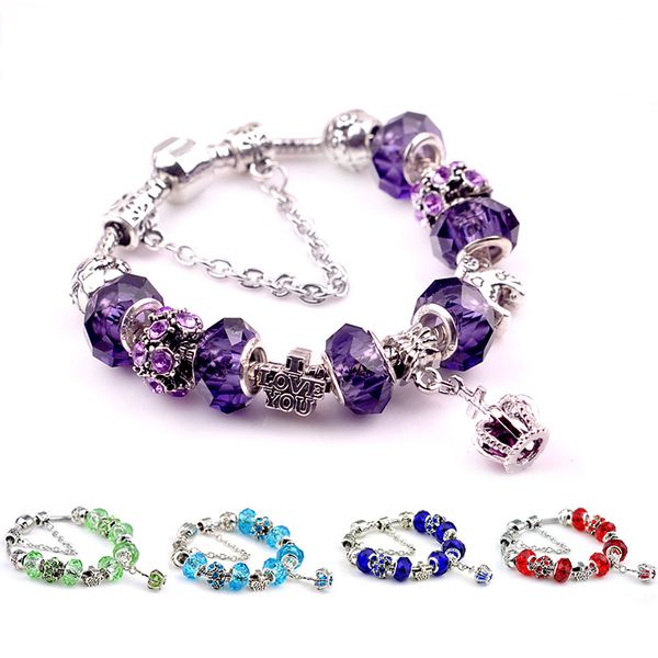 Kronen-Charm-Armbänder im Pandora-Design, für Damen und Mädchen, „Ich liebe dich“-Buchstabe, Vintage-Stil, Antik-Silber, Kristall-Diamant-Perlen, Schmuck für verliebte Paare