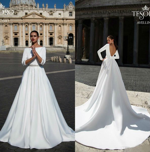 

2019 Tesoro Castle Wedding Dresses Bateau Neck Long Sleeves Backless Satin Beaded Bohemian Wedding Dress Custom Made Cheap Bridal Gowns