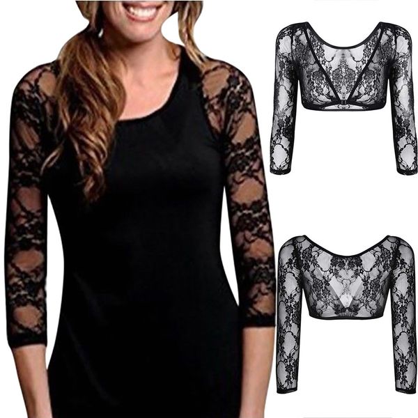

2019 new arrival seamless arm shaper sleevey wonders women's lace v-neck perspective cardigan shirt plus size #25, White
