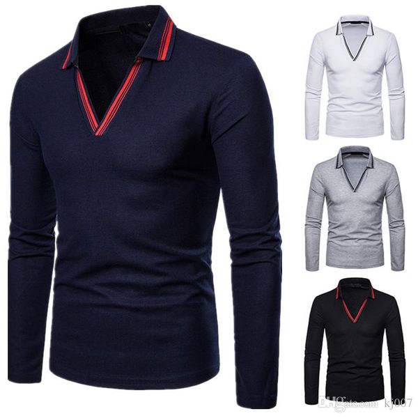 

новые бренды рубашки поло с длинным рукавом футболки v-образным вырезом полосатый дизайн поло мужские осенние рубашки человек clothesirts бо, White;black