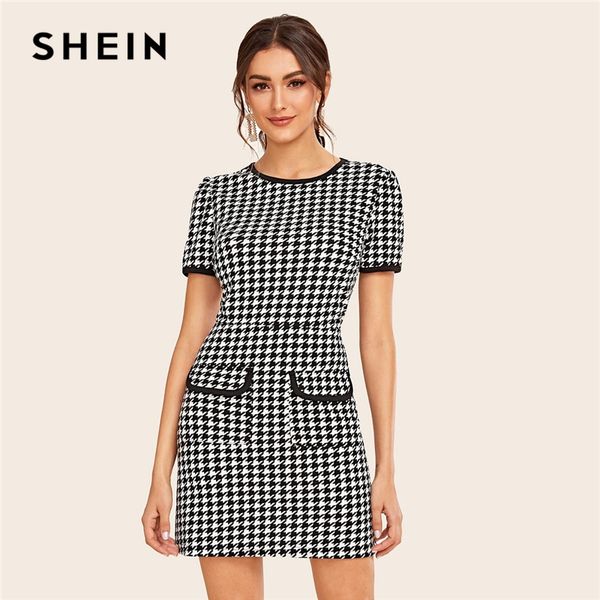 

shein black and white flap pocket houndstooth ringer elegant dress women 2019 autumn short sleeve contrast binding short dresses, Black;gray