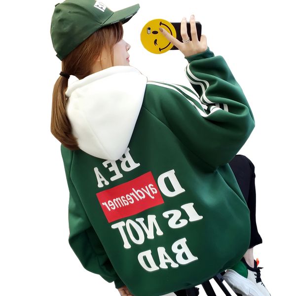 

contrast color jumper hoodies wonem korean fleece printing letter winter new hooded pullover sweatshirt women's clothing, Black