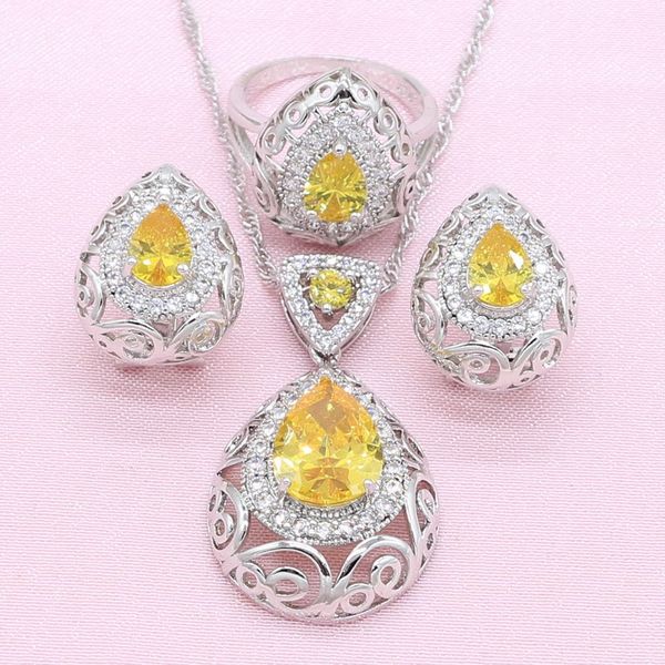 

925 silver jewelry sets women yellow blue 2 colors crystal ear clip earrings necklace ring bridal fashion jewelry gift box