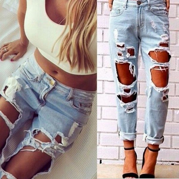 

brand new fashion women distressed destroyed skinny denim jeans bodycon ladies pants trousers, Black;white