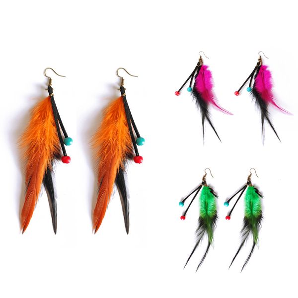 

настраиваемый boho перо серьги для женщин кожа веревка цвет бусины кулон падение серьги этнические ювелирные аксессуары поставки производите, Silver