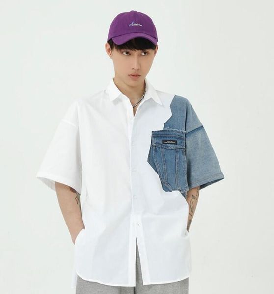 

men 2020 summer denim splice short sleeve blouse loose casual shirts male streetwear hip hop vintage fashion shirts w859, White;black
