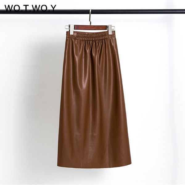 

wotwoy 2020 casual faux leather skirts women summer pu high waist a-line mid-calf skirt women solid pleated skirt lady harujuku, Black