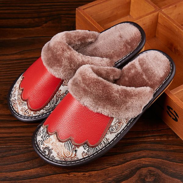 

mntrerm fashion warm cowhide natural fur women home winter genuine leather slippers woman indoor house shoes new mx200425, Black