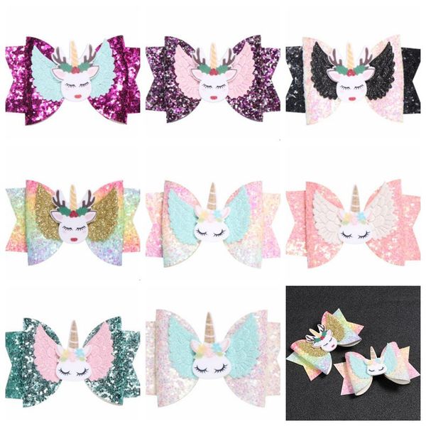 

unicorn hairpins sequins hair bow with clip boutique baby barrettes girls glitter headwear fashion hair accessories 8 designs yw3155q, Slivery;white