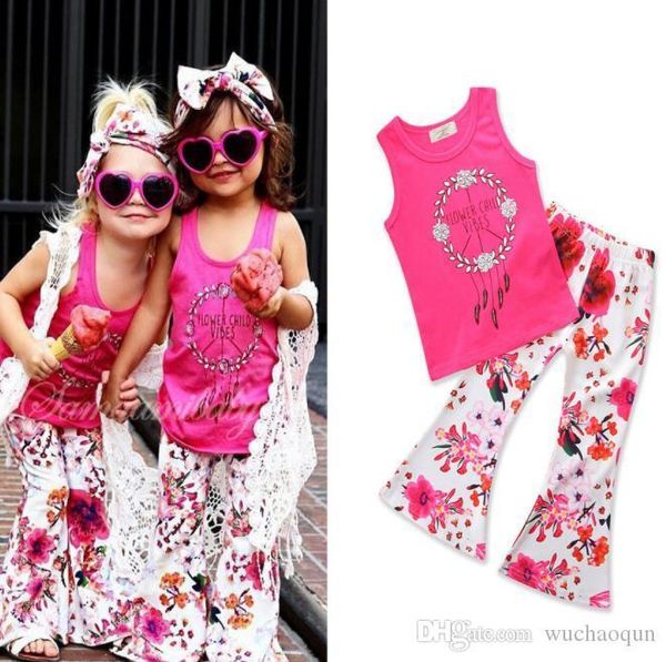 

2018 ребёнок одежды дети малышей одежда без рукавов колокольчики футболки топов + цветочного клеш брюки для девочек нижнее детскую одежда by, White