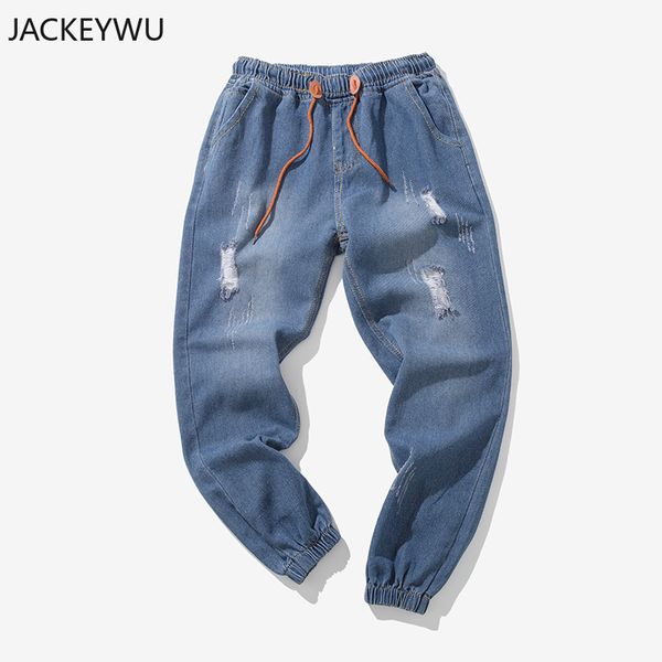 

brand jeans мужчины корейский омывается эластичный пояс джинсовой брюки vintage hole повседневный щиколоток штаны хип-хоп streetwear синий б, Blue