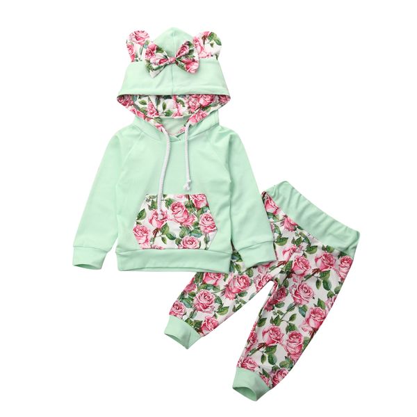 

0-24M Cute Newborn Baby Boy Girl Long Sleeve Bow Hooded Sweatshirt Tops Floral Long Pant Trouser 2PCS Outfits Baby Clothing Set