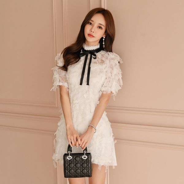 

cbafu elegant white mesh wrap mini a-line dress ladies short sleeve summer dress vestidos stand collar casual women dresses d641, Black;pink