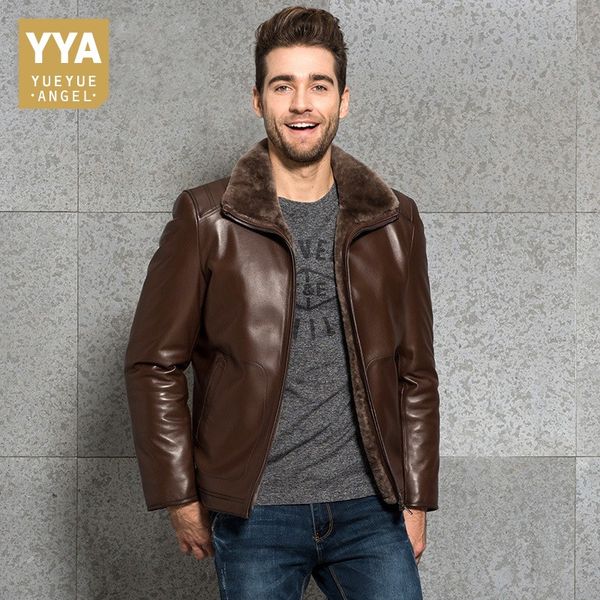 

winter mens wool lining coats luxury sheepskin genuine leather office fur collar blazer jacket male biker punk coat, Black
