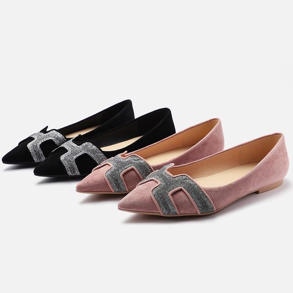 

2020 shoes woman flats faux suede leather flock point toe ballet flats loafers solid slip on causal crystal ladies nurse, Black