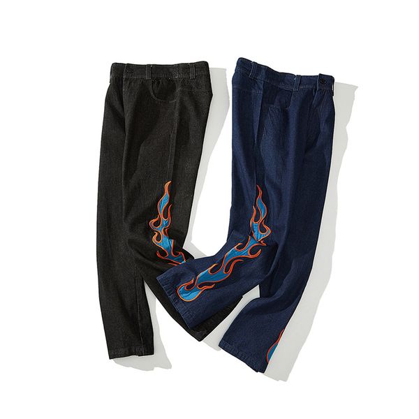 

tide brand designer men luxury guochao origional 2019 autumn and winter new high street flame printing mens casual jeans trousers, Blue