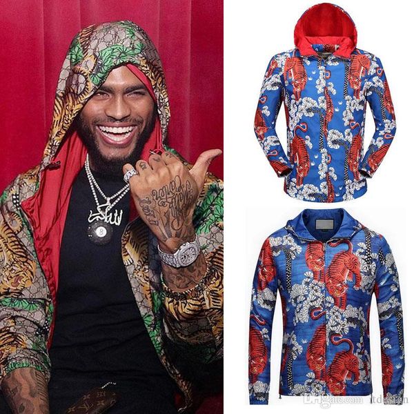 

male zipper hood outer wear with bengal tiger 3d print jacquared hat jacket elastic cuffs luxury design lightweight, Black;brown