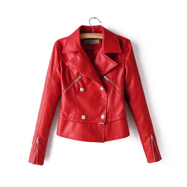 

taotrees autumn solid color lapel long sleeve leather jacket women, Black