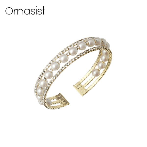 

luxury full rhinestone pearl cuff bracelet for women jewelry open gold silver bangles, White