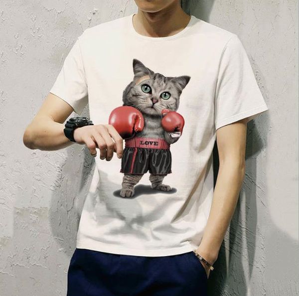 

3d cat print casual mens designer t-shirt summer short sleeve round neck fashion male clothes, White;black