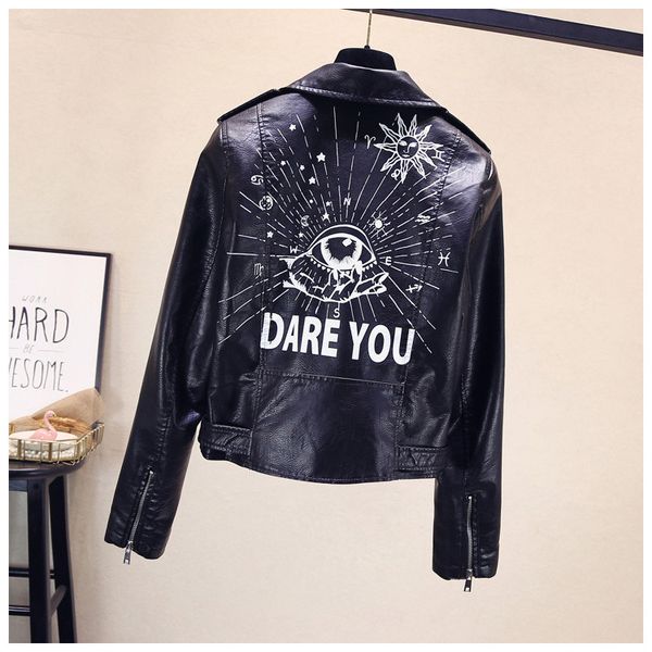 

fashion womens punk wind lapel jacket women's pu leather printing motorcycle jacket coats designer women rivet short coat size s-xl, Black;brown
