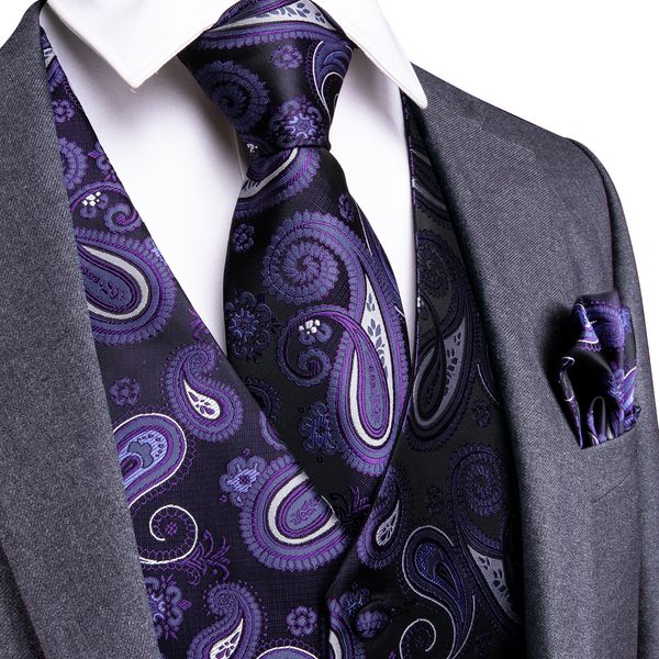 

hi-tie party wedding handkerchief necktie set men's classic purple paisley floral jacquard waistcoat vest pocket square tie suit mj-010, Black;white