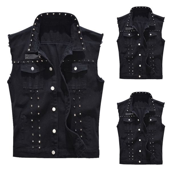 

vogue men fashion rock rivet denim vest punk style cowboy black jeans waistcoat men motorcycle sleeveless jeans jacket nice, Black;white