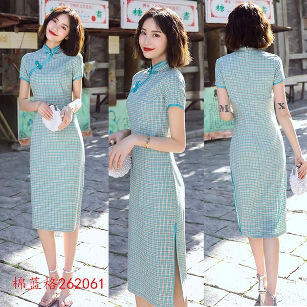 

летние короткие cheongsam традиционное китайское платье женщины сексуальная современная qipao решетки хлопок восточный стиль платья халат ку, Red