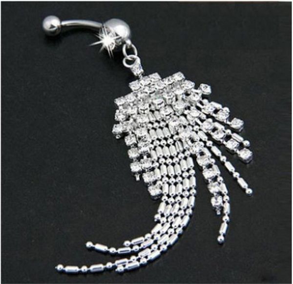 Sexy Dangle Bell Button Anéis de Prata Diamante Barriga Piercing Anel CZ Cristal Flor Corpo Jóias Navio de Gota do Umbigo