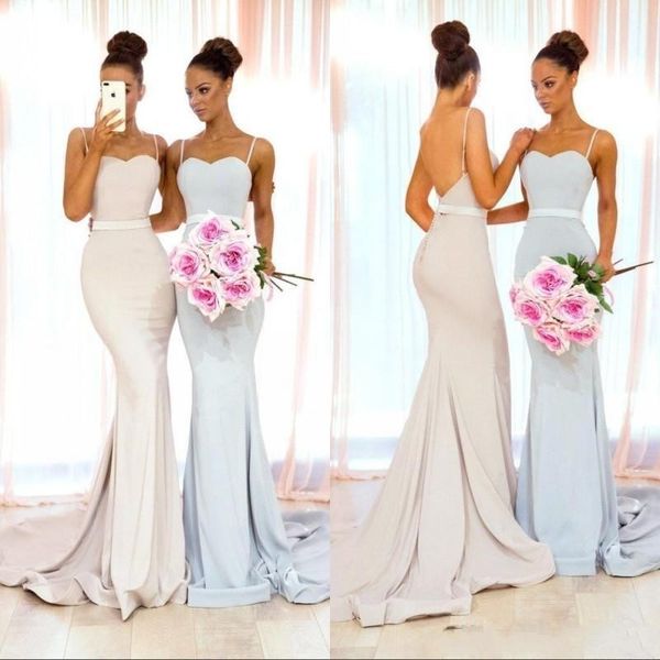 

2019 new arrival bridesmaid dresses mermaid spaghetti straps satin sash sleeveless open back long arabic maid of honor wedding guest gowns, White;pink