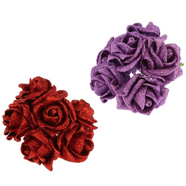 

24pcs foam roses glitter powder flower bouquet wedding decor red & purple