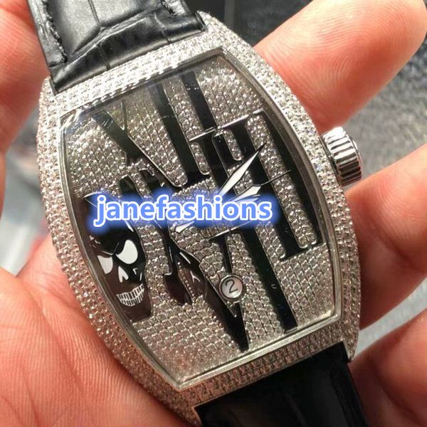 Barrel-Stil, modische Herrenuhr, schwarzes Leder, wasserdichte Luxusuhren, silberne Diamant-Luxus-Boutique-Uhr, kostenloser Versand