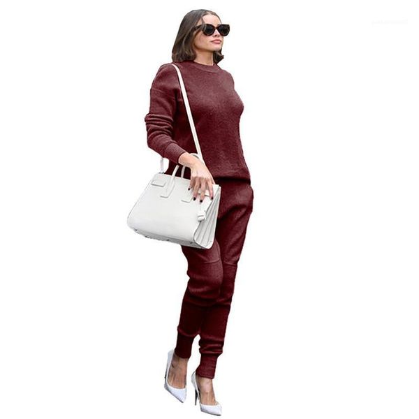 

long sleeve ladies two piece pants casual womens solid color sports suits plus size womens 2pcs sets winter loose o neck, White