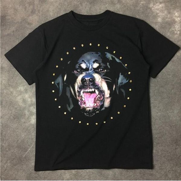 

new high 2018 men punk rottweiler rhinestone dog fashion shirts shirt hip hop skateboard cotton casual printed tee for man, White;black