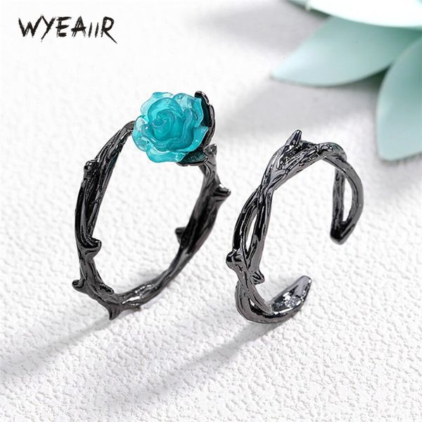 

wyeaiir 925 sterling silver black thorns branch flowers female resizable opening romantic couple rings, Golden;silver