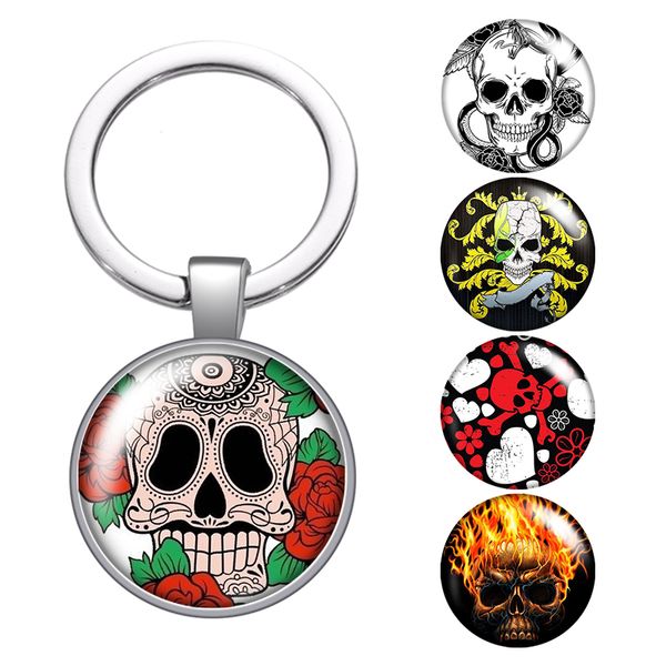 

punk skull glass cabochon keychain bag car key chain ring holder charms silver keychains for men women gifts