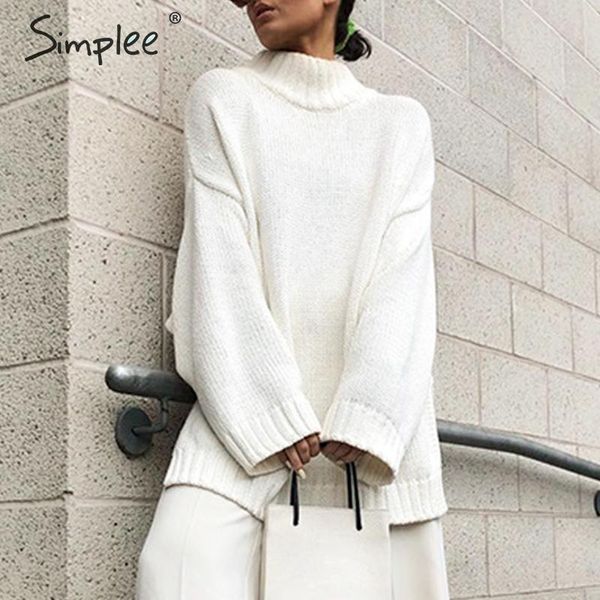 

simplee autumn women turtleneck knitted pullover casual long sleeve basic white knitting sweater winter female wear sweaters, White;black