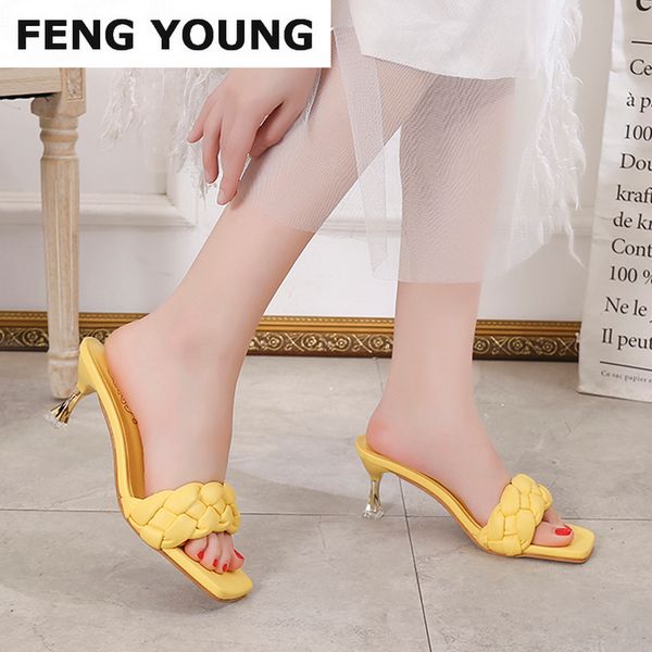 

2020 summer weave leather high heels slippers women solid color square toe thin heels ladies sandals outdoor slides, Black