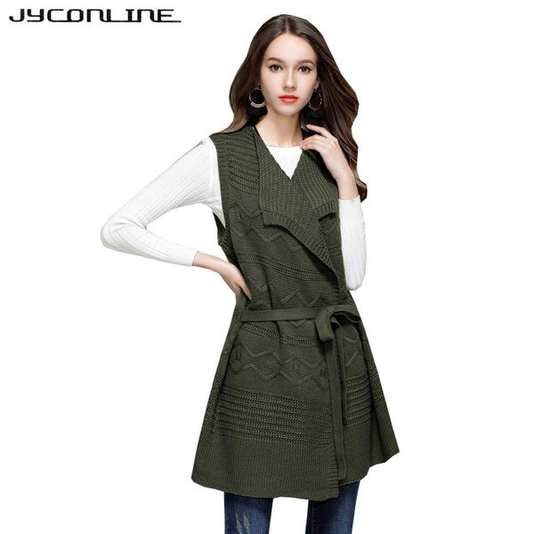 

jyconline turn-down collar long cardigan women sleeveless vest knitted sweater autumn warm cardigan coat female sashes waistcoat, White;black
