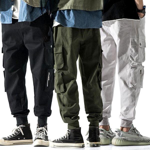 

casual men solid color drawstring multi-pockets beam pants ankle tie trousers men's pants pockets solid sportswear, Black