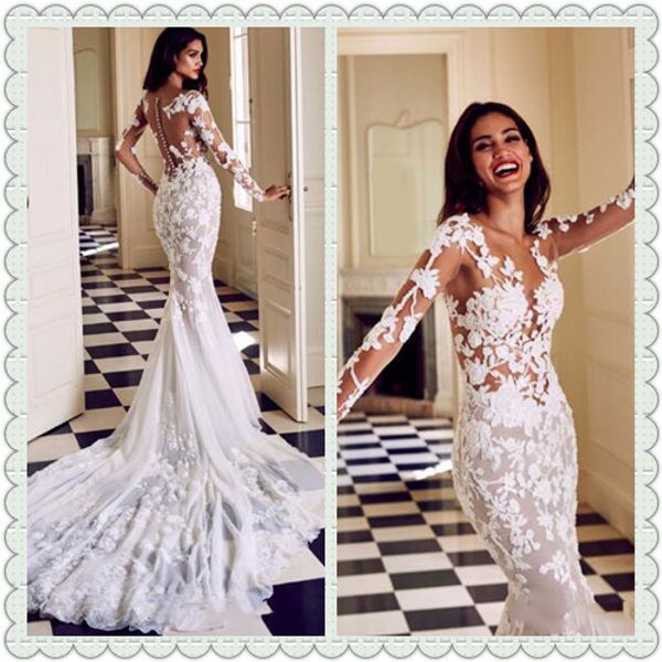 

vintage 2019 mermaid wedding dress sheer neck long sleeve illusion bridal gowns sweep train robe de mariée beach wedding gowns custom, White